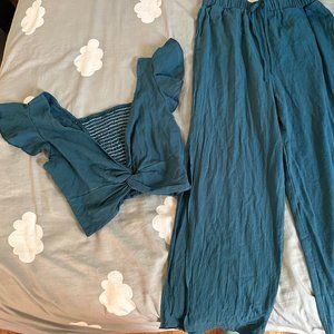 SHEIN Women's Ruffle Trim Twist Top With Pants